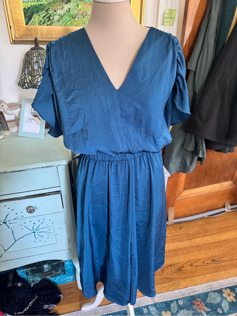 Ann Taylor Teal V-Neck Short Sleeve Dress with Back Tie Small Petite VGUC Dressy
